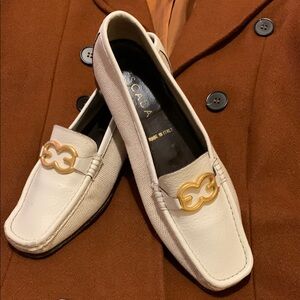 Escada White Loafers with Gold Accent
